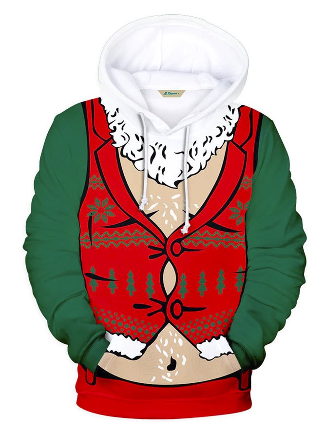 Royaura Holiday Christmas Red Men's Drawstring Hoodies Cartoon Santa Claus Stretch Plus Size Camp Outdoor Pullover Sweatshirts