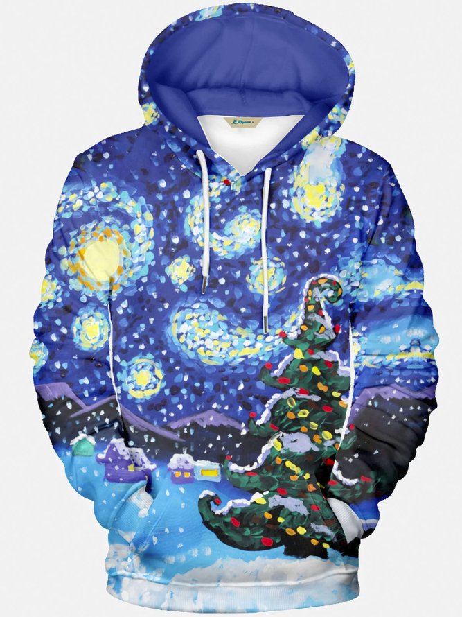 Royaura Holiday Christmas Blue Men's Drawstring Hoodies Starry Sky Christmas Tree Stretch Plus Size Camp Outdoor Pullover Sweatshirts