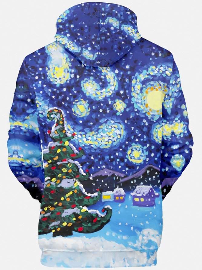 Royaura Holiday Christmas Blue Men's Drawstring Hoodies Starry Sky Christmas Tree Stretch Plus Size Camp Outdoor Pullover Sweatshirts