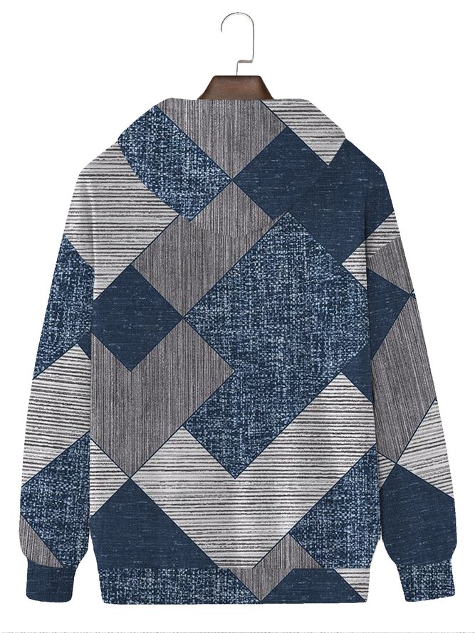 Rpyaura Holiday Casual Retro Geometric Art Blue Men's Drawstring Hoodies Stretch Large Size Color Block Pullover Sweatshirts