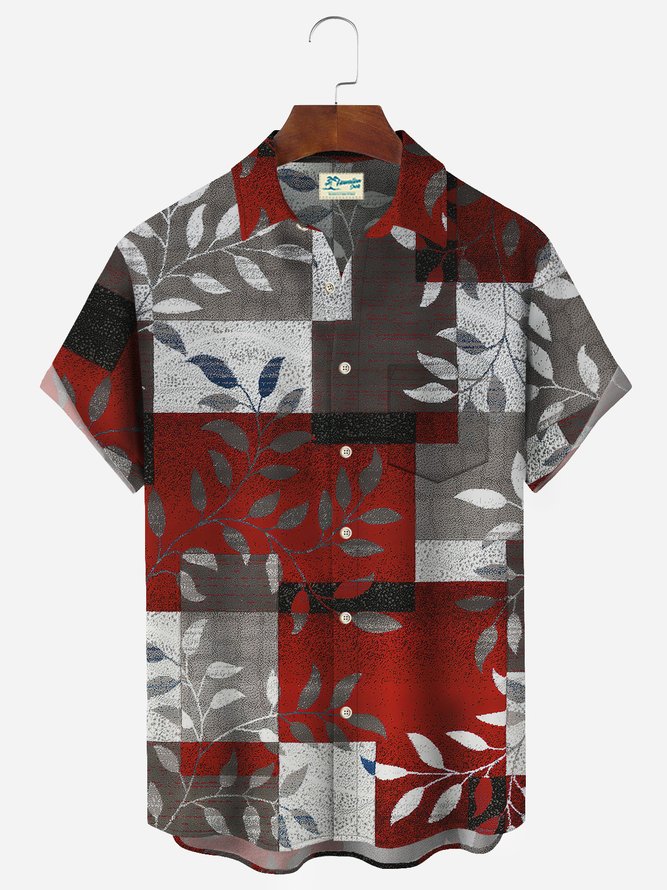 Royaura Vintage Geometric Botanical Leaves Men's Button Pocket Shirt