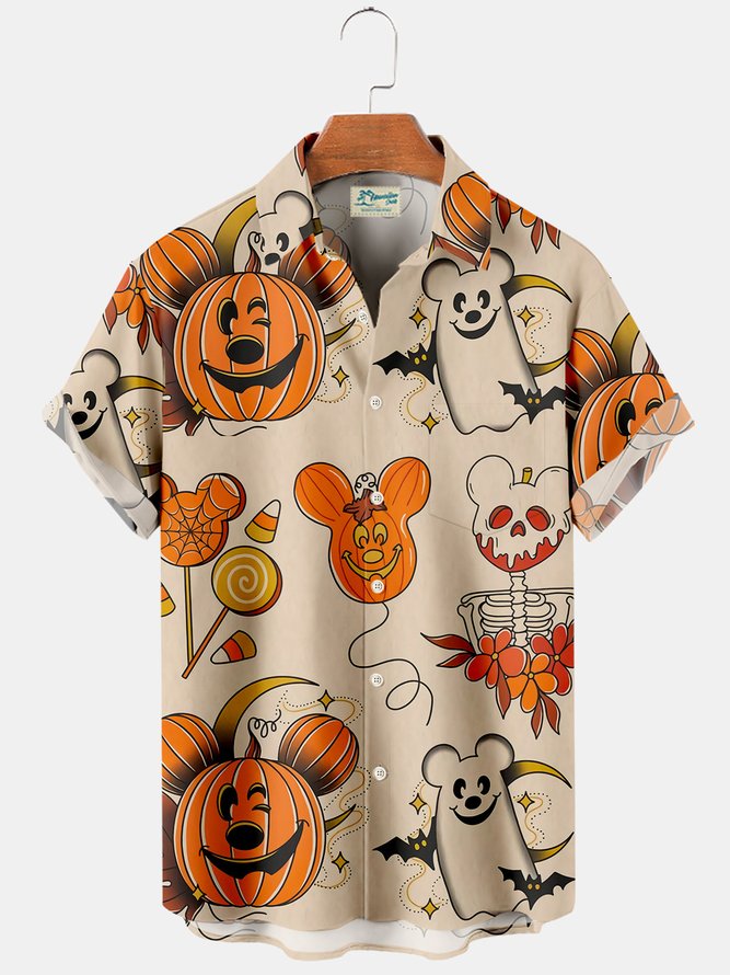 Royaura Halloween Pumpkin Cartoon Print Men's Button Down Pocket Shirt