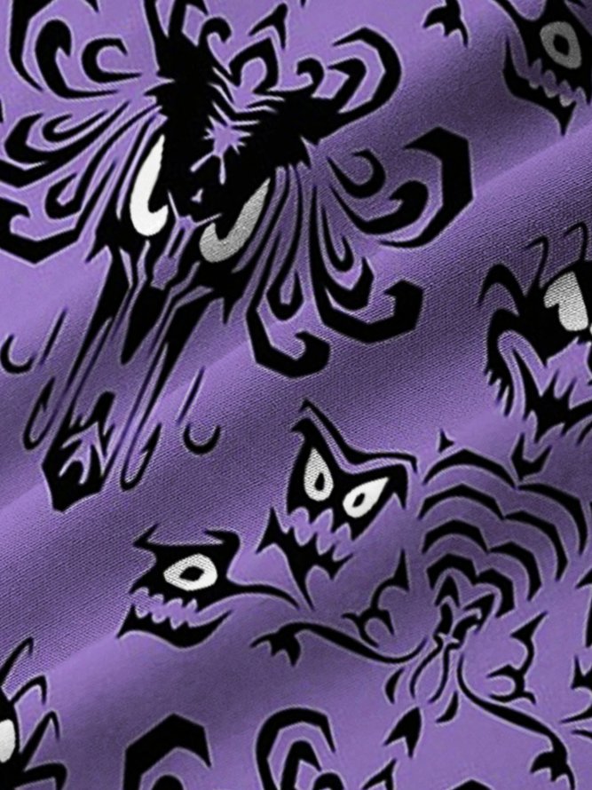 Royaura Halloween Ghost Cartoon Purple Men's Hawaiian Shirts Stretch Plus Size Monster Art Camp Pocket Button-Down Shirts