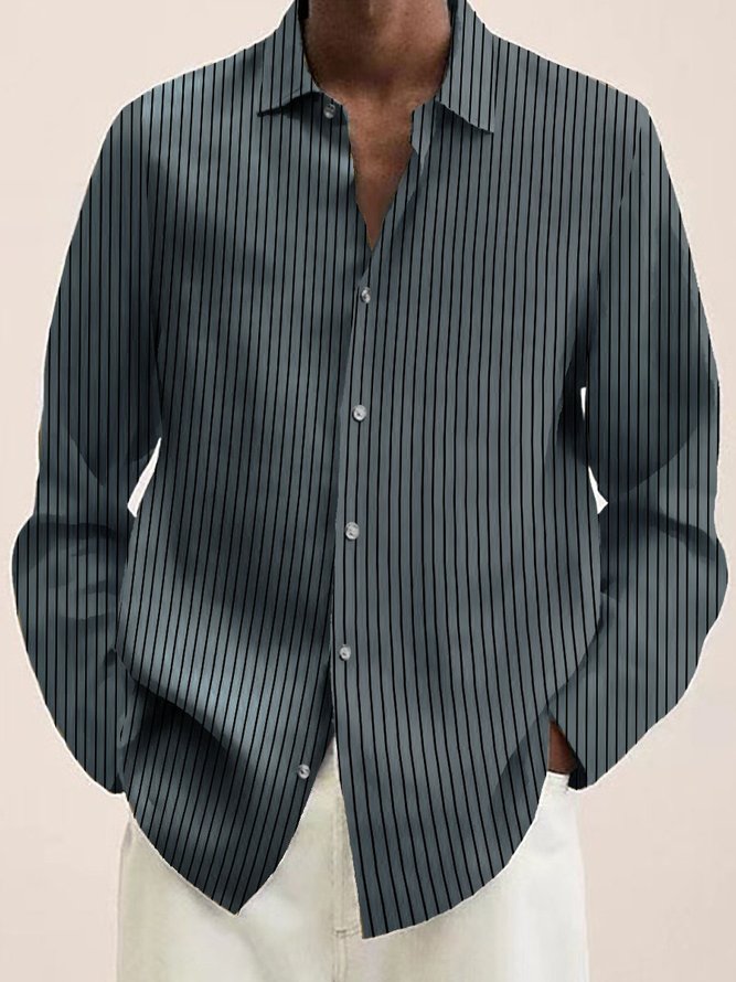 Royaura Basic Black and White Striped Men's Casual Long Sleeve Shirts Stretch Plus Size Aloha Camp Pocket Shirts