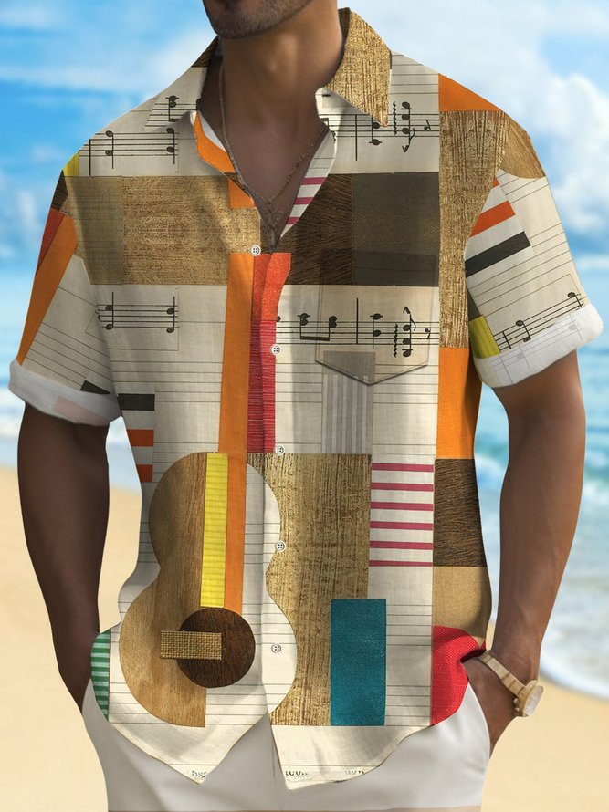Royaura Vintage Musical Geometric Khaki Men's Aloha Shirts Stretch Plus Size Guitar Note Camp Pocket Button-Down Shirts