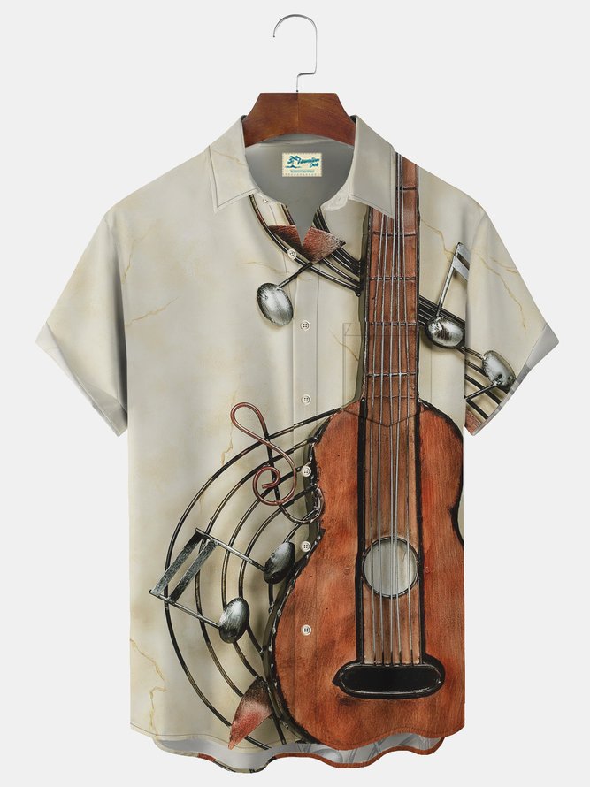 Royaura Vintage Guitar Note Art Khaki Men's Aloha Shirts Instrumental Stretch Plus Size Camp Pocket Button Down Casual Shirts