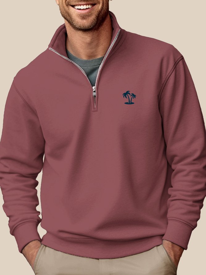 Royaura Gray Stand Collar Half Zip Men's Pullover Sweatshirts Coconut Tree Easy to Wear Stretch Plus Size Holiday Camp Sweatshirts