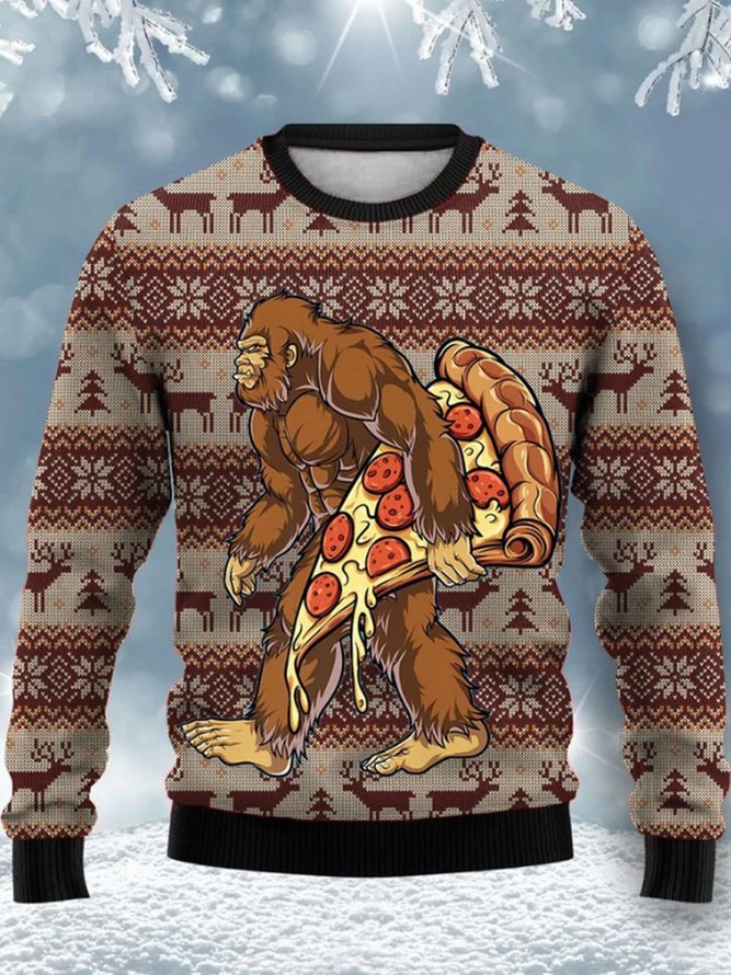 Royaura Men's Christmas Sika Deer Bigfoot Print Crew Neck Sweatshirt