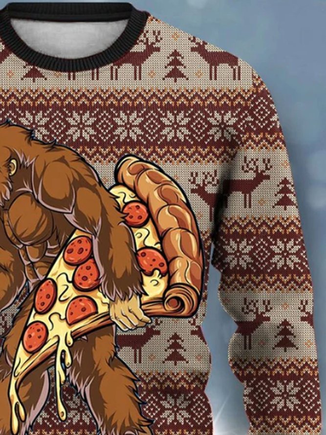 Royaura Men's Christmas Sika Deer Bigfoot Print Crew Neck Sweatshirt