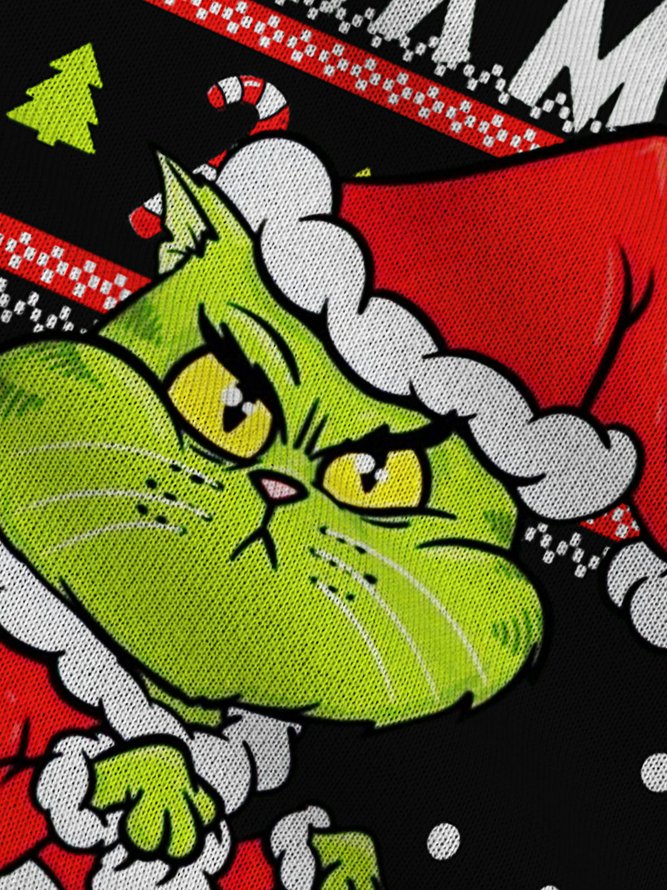 Royaura Christmas Fun Cartoon Green Cat Monster Men's Round Neck Sweatshirt Large Size Stretch Art Ugly Pattern Pullover Sweatshirts