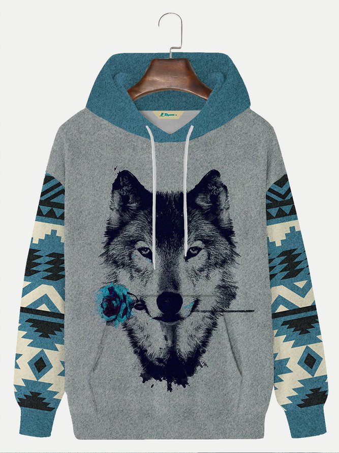 Royaura Men's Geometric Wolf Rose Print Drawstring Hooded Sweatshirt