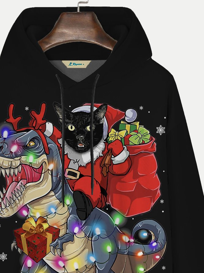 Royaura Christmas Dinosaur Cartoon Black Cat Men's Drawstring Hoodies Stretch Plus Size Holiday Pullover Sweatshirts