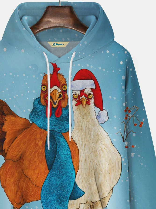 Royaura Christmas Rooster Cartoon Fun Blue Men's Drawstring Hoodies Stretch Plus Size Holiday Pullover Sweatshirts