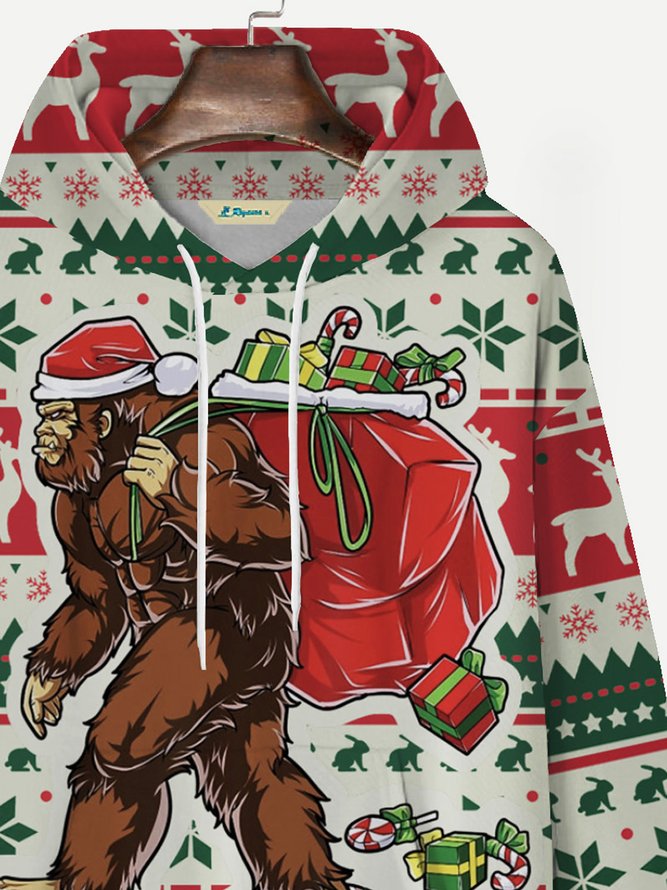 Royaura Holiday Christmas Red Men's Drawstring Hoodies Bigfoot Christmas Tree Plus Size Party Animal Pullover Sweatshirts