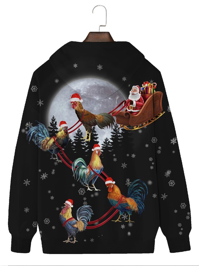 Royaura Holiday Christmas Black Men's Drawstring Hoodies Cartoon SantaRooster Sleigh Stretch Plus Size Animal Pullover Sweatshirts