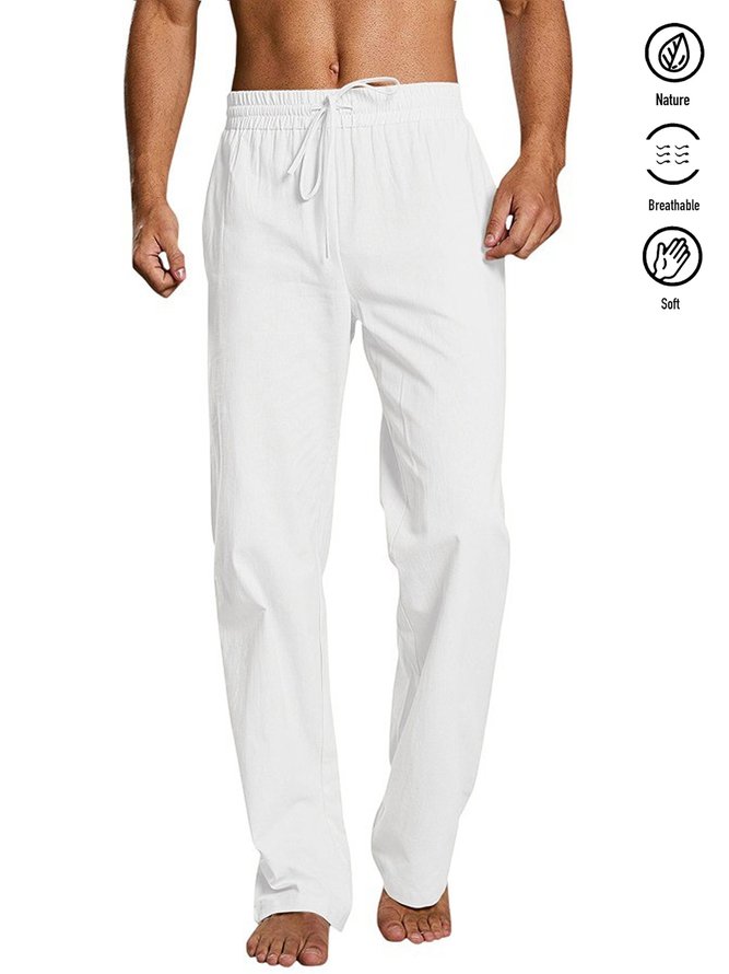 Royaura Beach Vacation Men's White Cotton Casual Pants Camp Pocket Trousers