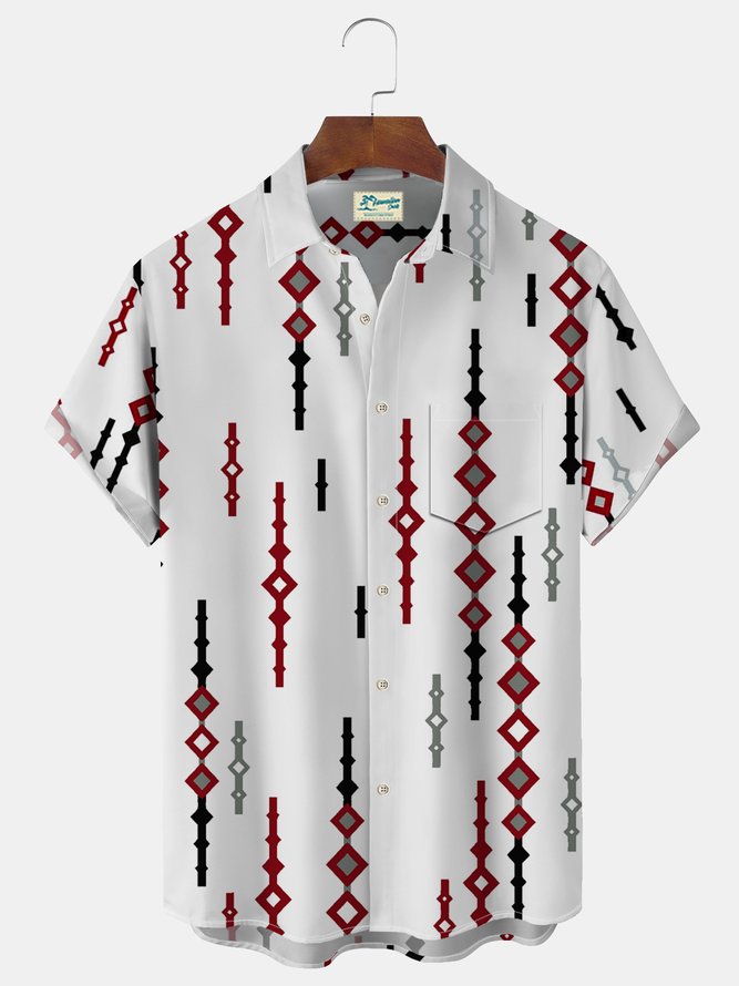 White Vintage Mid-Century Geometric Art White Men's Shirts Stretch Plus Size Aloha Camp Button Pocket Shirts
