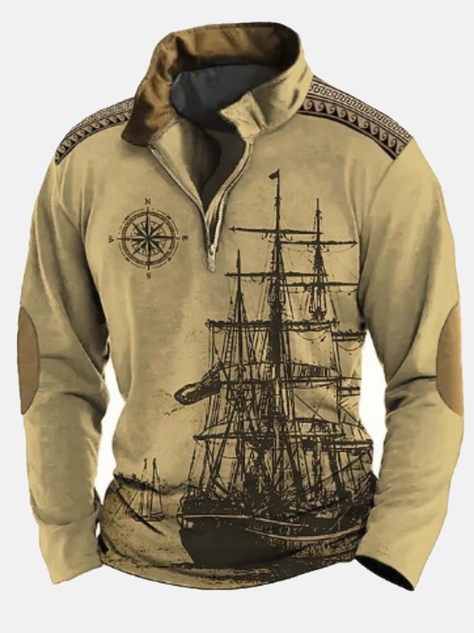 Royaura 50’s Vintage Nautical Khaki Men's Stand Collar Half-Zip Sweatshirts Compass Map Stretch Warm Pullover Sweatshirts