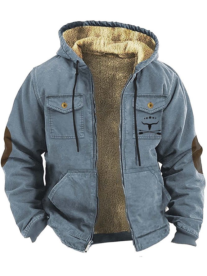 Royaura 50's Vintage Western Zip Hoodies Jacket Warm Comfortable Cardigan Cowboy Multi-Pocket Functional Jackets