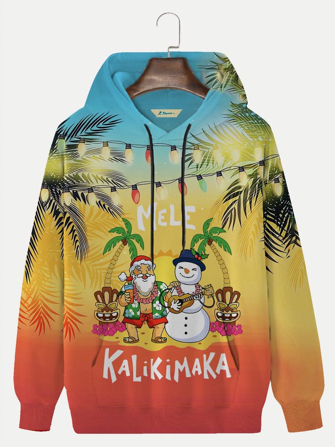 Royaura Christmas Mele Kalikimaka Men's Hawaiian Shirts Gradient Mele Kalikimaka Fun Santa Drawstring Hooded Sweatshirt