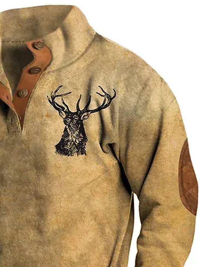 Royaura Men's Western Antelope Print Men's Button Stand Collar Sweatshirt
