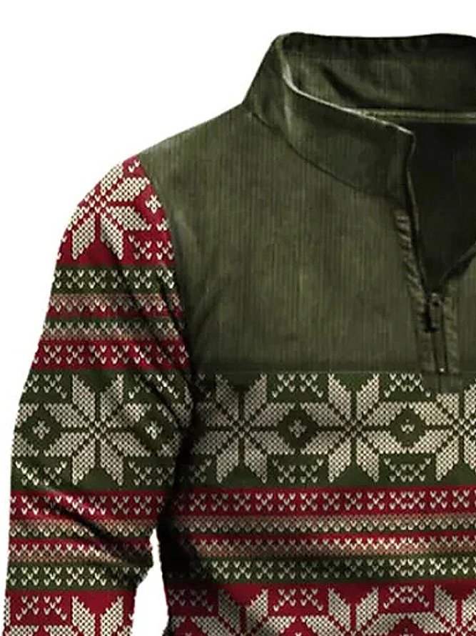 Royaura Men's Christmas Snowflake Print Quarter-Zip Stand Collar Sweatshirt