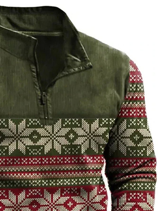 Royaura Men's Christmas Snowflake Print Quarter-Zip Stand Collar Sweatshirt