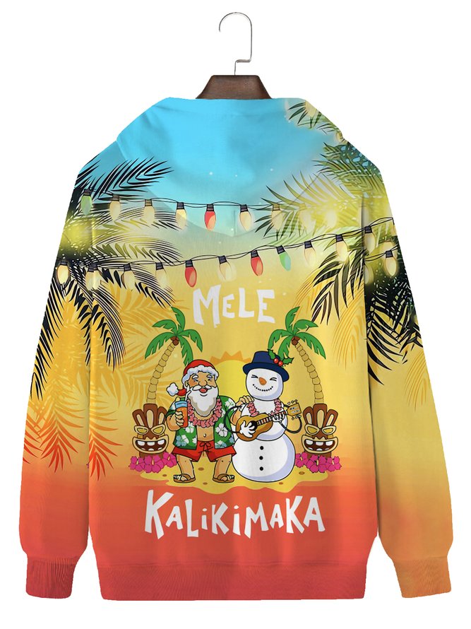 Royaura Christmas Mele Kalikimaka Men's Hawaiian Shirts Gradient Mele Kalikimaka Fun Santa Drawstring Hooded Sweatshirt