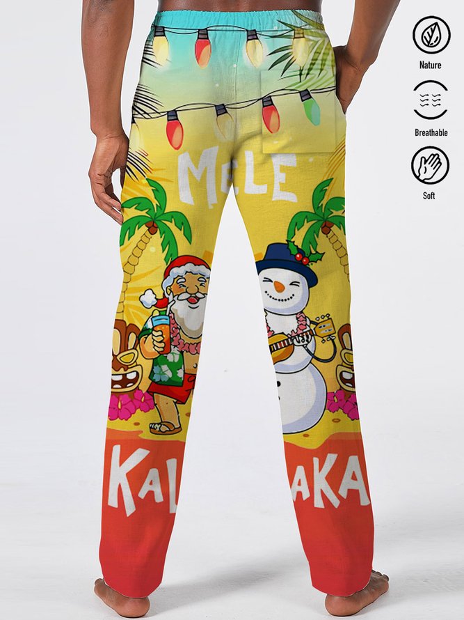 Royaura Christmas Men's Hawaiian Shirts Gradient Mele Kalikimaka Fun Santa Casual Pants