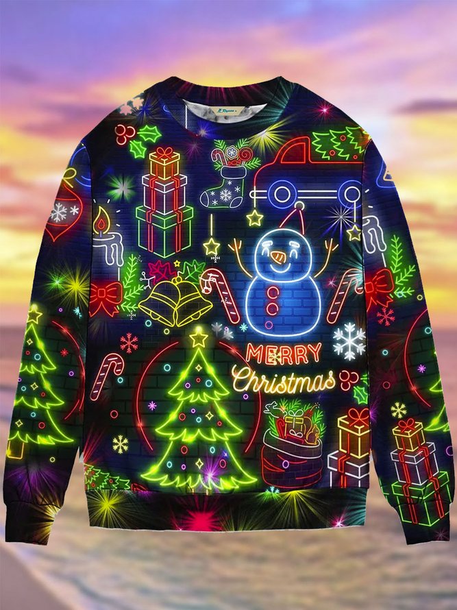 Royaura Christmas Holiday Neon Round Neck Sweatshirts Warm Comfortable Pullover Party Top