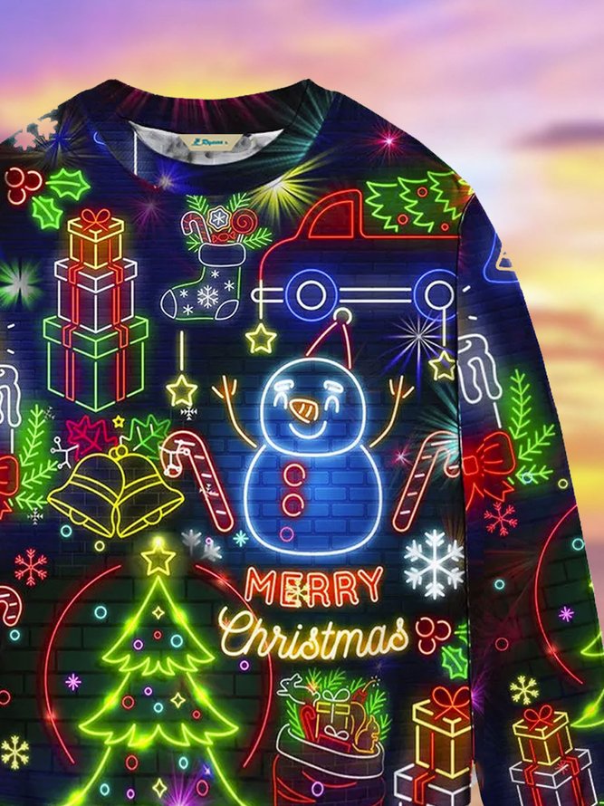 Royaura Christmas Holiday Neon Round Neck Sweatshirts Warm Comfortable Pullover Party Top