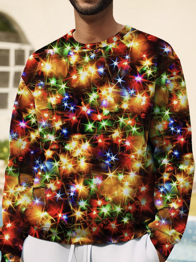 Royaura Christmas Holiday Men's Round Neck Sweatshirt Lights Art Warm Comfortable Pullover Top Big Tall