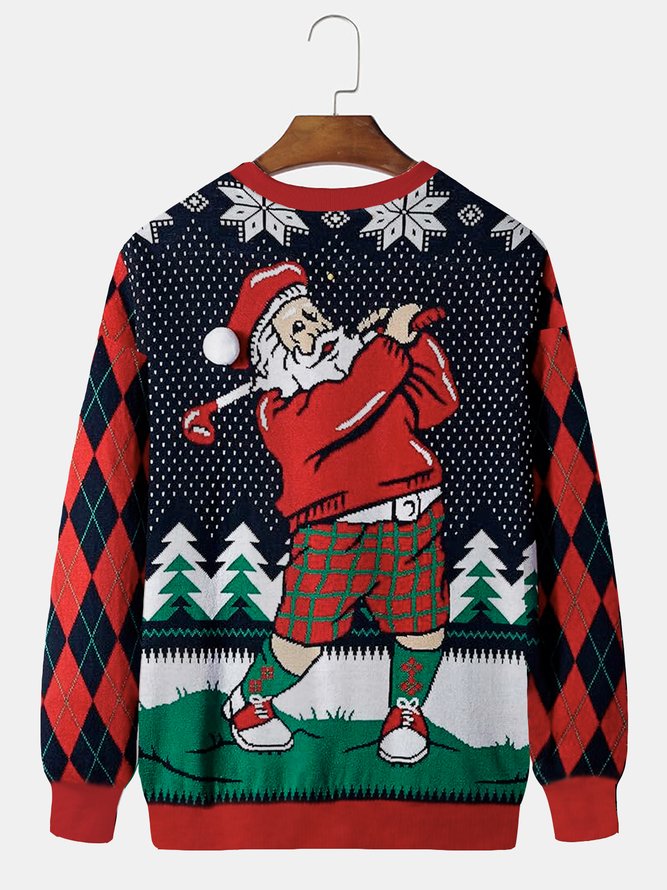 Royaura Christmas Holiday Santa Claus Men's Round Neck Sweatshirt Golf Sports Ugly Pattern Art Pullover Tops