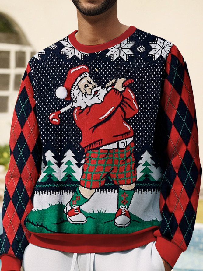 Royaura Christmas Holiday Santa Claus Men's Round Neck Sweatshirt Golf Sports Ugly Pattern Art Pullover Tops