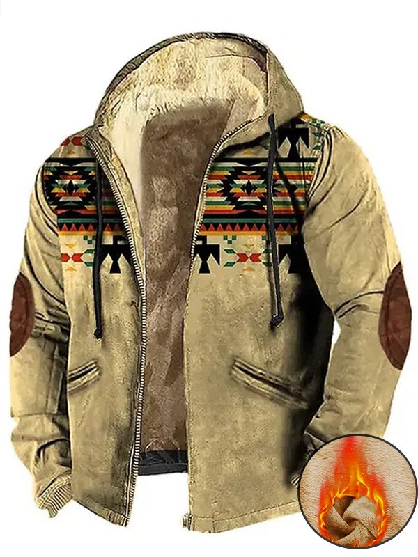 Royaura Men's Western Ethnic Aztec Print Drawstring Hooded Zip Sweatshirt Jacket