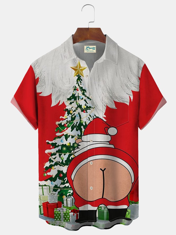 Royaura Christmas Holiday Red Men's Shirts Santa Vintage 50's Cartoon Fun Pocket Camp Color Blocking Shirts