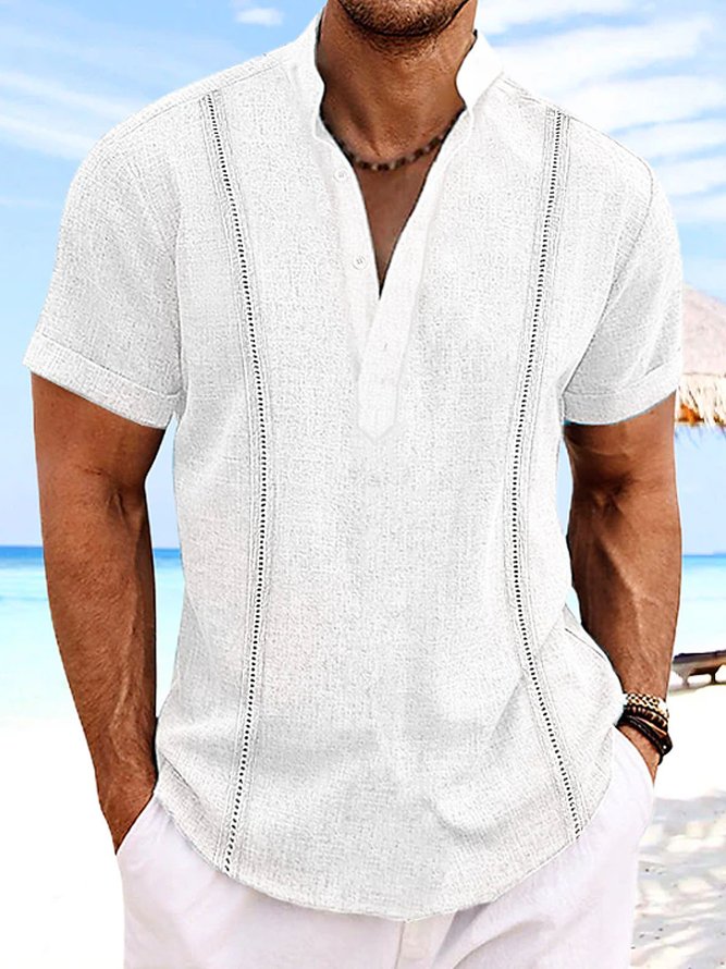 Royaura Cotton Linen Stand Collar Men's Button-Down Shirt
