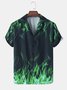 Mens All Over Green Flame Print Revere Collar Street Short Sleeve Shirts