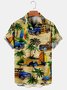 Mens Retro Cars Coconut Tree Print Lapel Short Sleeve Funky Hawaiian Shirts