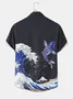 Mens Wave & Carp Ukiyoe Print Lapel Short Sleeve Japanese Style Shirts