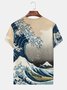 Royaura Japanese Retro Ukiyo-e Men's T-Shirt Wave Art Comfortable Blend Large Size Elastic Tops