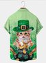 Royaura Holiday St. Patrick's Men's Hawaiian Shirt Cartoon Cat Clover Plus Size Seersucker Wrinkle Free Button Up Shirts