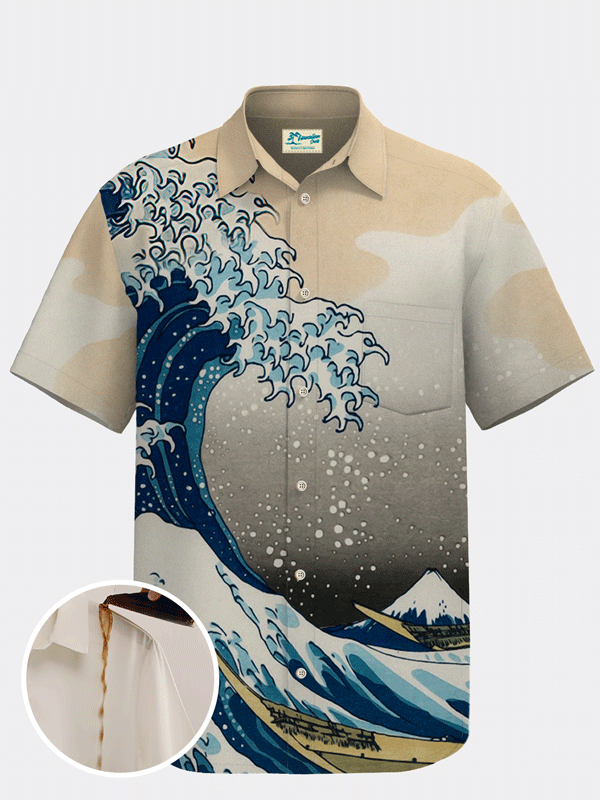 Royaura Waterproof Shirt Japanese Ukiyo-e Art Waves Hawaiian Shirt Stain Resistant Hydrophobic Lightweight