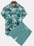 Hawaiian Green Coconut Tree Print Men's Vacation Two-Piece Shirt And Shorts Set