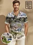 Royaura Beach Vacation Vintage Dinosaur Art Men's Hawaiian Shirts Stretch Wrinkle Free Seersucker Pocket Camp Shirts