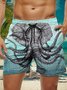 Royaura Hawaiian Elephant Octopus Print Men's Quick Dry Beach Trunks Swim Trunks