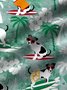 Royaura Hawaiian Coconut Tree Dog Surf Green Print Men's Button Down Pocket Shirt