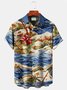 Royaura Beach Vacation Blue Men's Hawaiian Shirts Island Music Coconut Tree Guitar Cartoon Ocean Wave Art Plus Size Aloha Camp Pocket Shirts