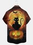Royaura Halloween Pumpkin Black Cat Cross Print  Men's Hawaiian Oversized Shirt with Pockets