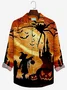 Royaura Vintage Halloween Print Beach Men's Hawaiian Oversized Long Sleeve Shirt with Pockets
